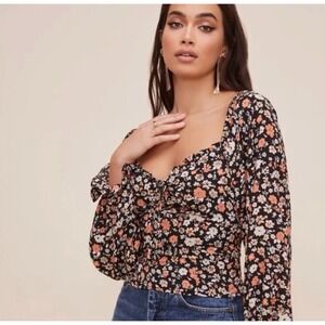 ASTR The Label Boho Cottagecore‎ Floral Smocked Peasant Top Blouse Size XS